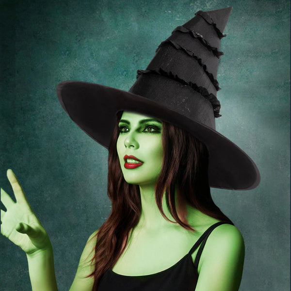 New Halloween Black Witch Hat with Ruffled Lace Trim Unique Dark Witch Hat