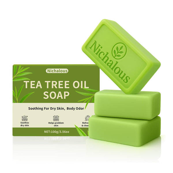 3PCS Tea Tree Soap, Loravey Tea Tree Relief Soap Bar, Deep Pore Cleansing, All Natural Skin Cleanser, Gentle Exfoliating Bar Soap